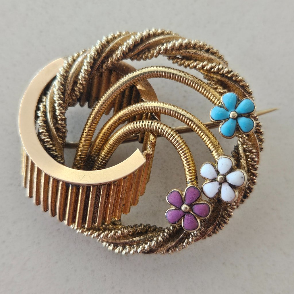 Antique Victorian 14k Yellow Gold Vermeil Sterling Silver Enamel Flower Brooch